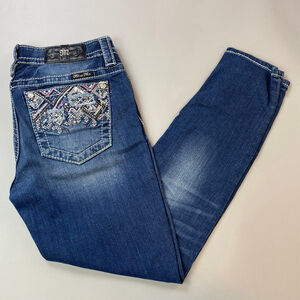 Miss Me Ankle Skinny Jeans 28 Blue Pink Embroidery Thick Stitch